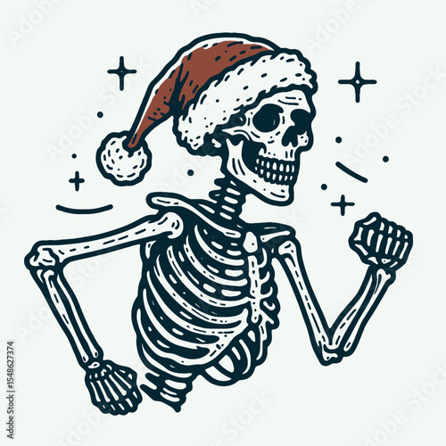  Skeleton wear santa hat Jogging. Christmas Xmas Holiday Winter New Year Claus Clipart Line Art Vector Illustration. Bony figure don yuletide headgear workout routine exercise cardio run.