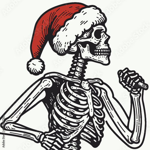  Skeleton wear santa hat Jogging. Christmas Xmas Holiday Winter New Year Claus Clipart Line Art Vector Illustration. Bone figure don headgear trotting skeletal form sport festive cap running.