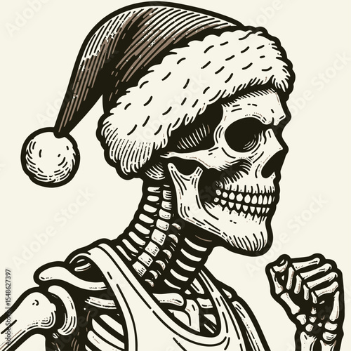  Skeleton wear santa hat Jogging. Christmas Xmas Holiday Winter New Year Claus Clipart Line Art Vector Illustration. Bony figure don yuletide headgear running.