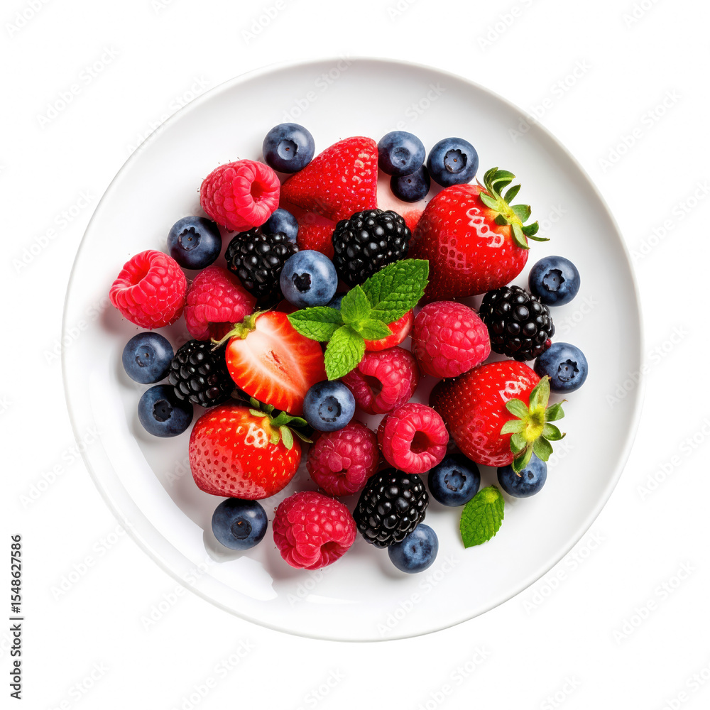 Obraz premium A vibrant assortment of fresh berries arranged on a white plate, showcasing strawberries, blueberries, raspberries, and blackberries with green mint leaves. cut out. transparent background
