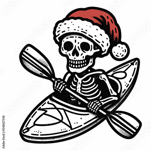  Skeleton wear santa hat Kayaking. Christmas Xmas Holiday Winter New Year Claus Clipart Line Art Vector Illustration. Bony figure in headgear paddles boat water sport fun.