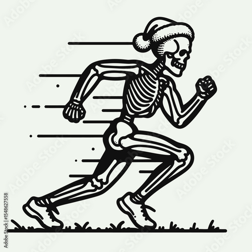  Skeleton wear santa hat Jogging. Christmas Xmas Holiday Winter New Year Claus Clipart Line Art Vector Illustration. Bony figure don festive headgear doing fitness workout routine activity.