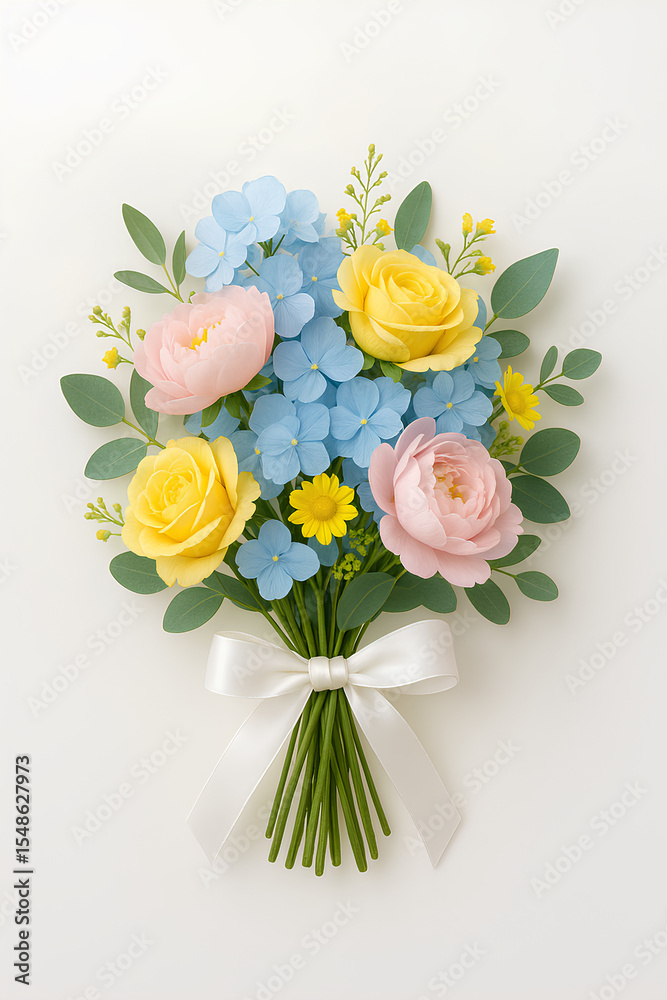 Obraz premium Bridal Bouquet with Pink, Blue, and Yellow Flowers on White Background, bridal bouquet, wedding flowers, pink flowers, blue flowers, yellow roses, wedding decoration, white background, romantic