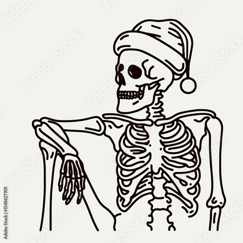 Skeleton wear santa hat leaning casually against a wall. Christmas Xmas Holiday Winter New Year Claus Clipart Line Art Vector Illustration. Bony figure don cap resting near partition.