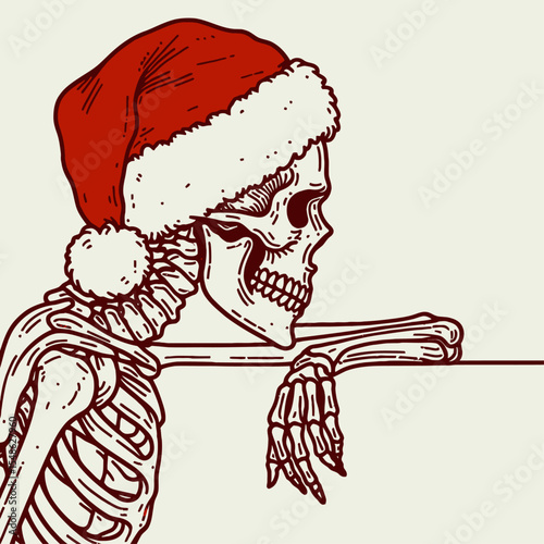  Skeleton wear santa hat leaning casually against a wall. Christmas Xmas Holiday Winter New Year Claus Clipart Line Art Vector Illustration. Bony figure don cap resting near partition season.