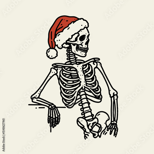 Skeleton wear santa hat leaning casually against a wall. Christmas Xmas Holiday Winter New Year Claus Clipart Line Art Vector Illustration. Bony figure don cap resting near partition season.