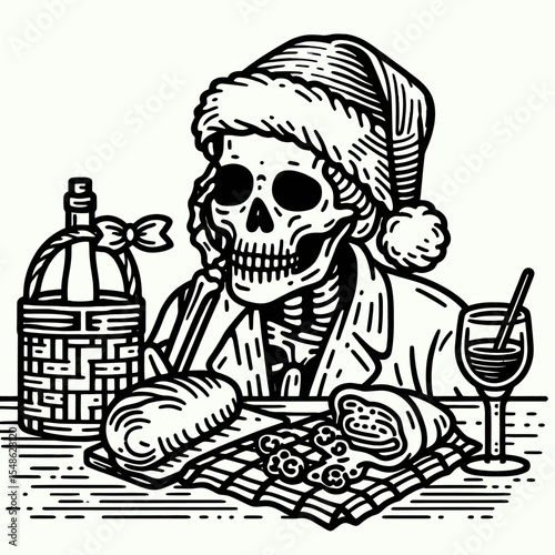 Skeleton wear santa hat Picnicking. Christmas Xmas Holiday Winter New Year Claus Clipart Line Art Vector Illustration. Bony figure with headgear having outdoor feast.