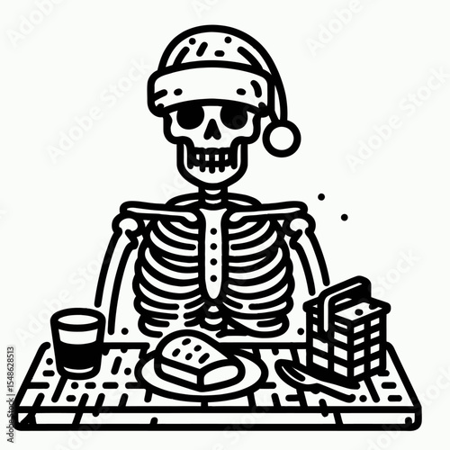  Skeleton wear santa hat Picnicking. Christmas Xmas Holiday Winter New Year Claus Clipart Line Art Vector Illustration. Bony figure don festive cap having outdoor lunch celebration drawing.