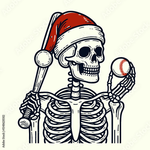  Skeleton wear santa hat Play Baseball. Christmas Xmas Holiday Winter New Year Claus Clipart Line Art Vector Illustration. Bony figure don festive headgear enjoy baseball game fun.