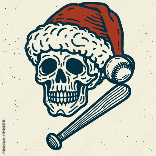  Skeleton wear santa hat Play Baseball. Christmas Xmas Holiday Winter New Year Claus Clipart Line Art Vector Illustration. Bony figure with headgear do baseball activity fun.