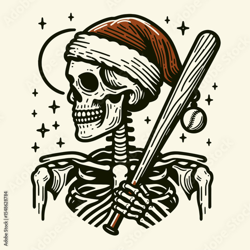  Skeleton wear santa hat Play Baseball. Christmas Xmas Holiday Winter New Year Claus Clipart Line Art Vector Illustration. Bony figure don headgear enjoy diamond game bone person sport.