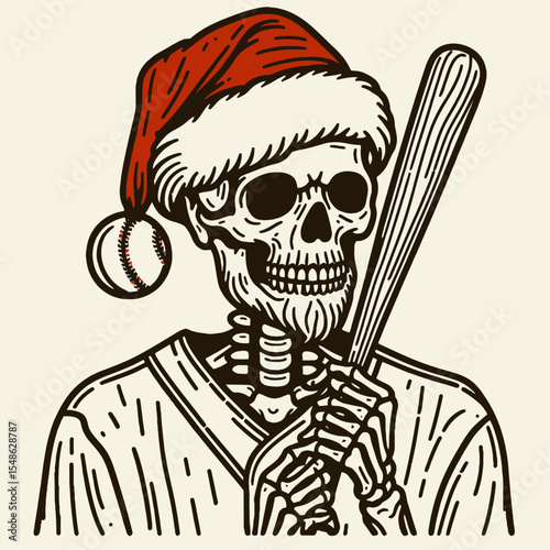 Skeleton wear santa hat Play Baseball. Christmas Xmas Holiday Winter New Year Claus Clipart Line Art Vector Illustration. Bony manikin don yuletide chapeau engage in diamond sport activity.