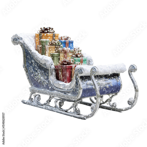 Festive Christmas Sleigh Overflowing with Presents, Snow Scene