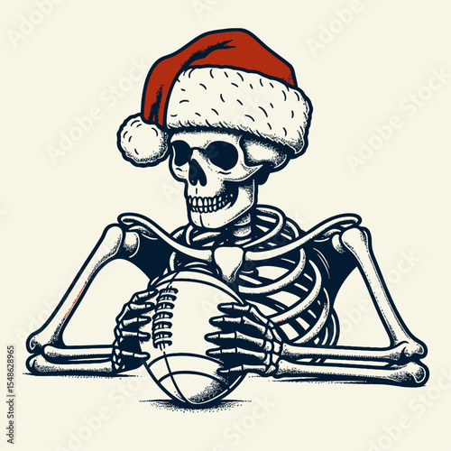  Skeleton wear santa hat Play Football. Christmas Xmas Holiday Winter New Year Claus Clipart Line Art Vector Illustration. Bony figure don festive headgear and kick ball during an athletic.
