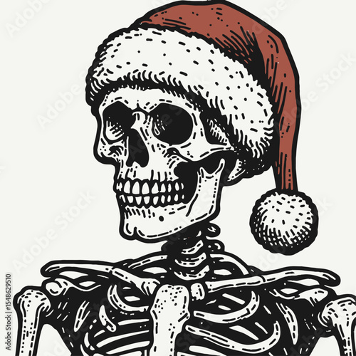  Skeleton wear santa hat Play Football. Christmas Xmas Holiday Winter New Year Claus Clipart Line Art Vector Illustration. Bony figure don festive headgear kicking the ball during.