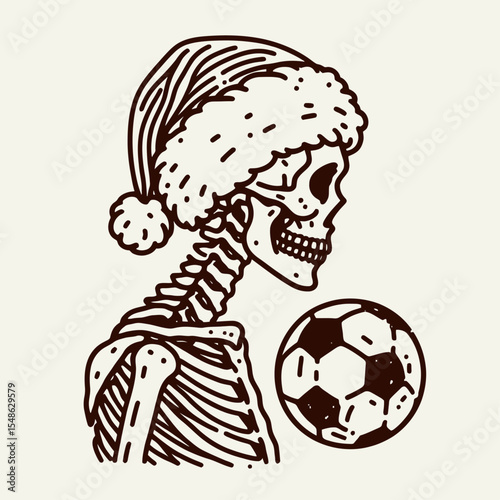  Skeleton wear santa hat Play Football. Christmas Xmas Holiday Winter New Year Claus Clipart Line Art Vector Illustration. Bony figure don headgear do gridiron game action fall fun theme.