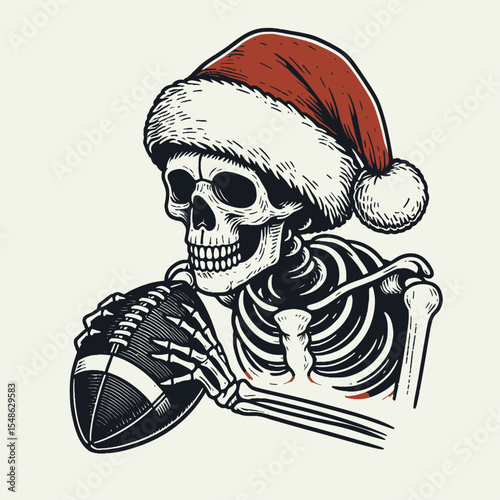  Skeleton wear santa hat Play Football. Christmas Xmas Holiday Winter New Year Claus Clipart Line Art Vector Illustration. Bony figure don cap doing gridiron game action.