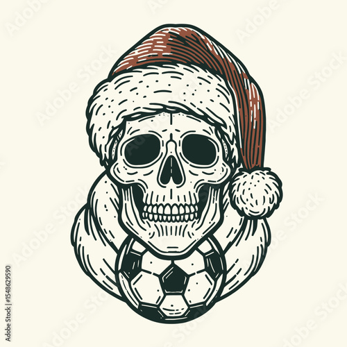  Skeleton wear santa hat Play Football. Christmas Xmas Holiday Winter New Year Claus Clipart Line Art Vector Illustration. Bony figure don festive headgear toss pigskin amusing autumn sport.