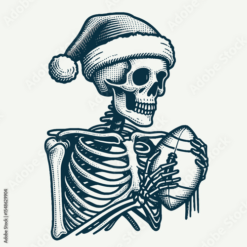  Skeleton wear santa hat Play Football. Christmas Xmas Holiday Winter New Year Claus Clipart Line Art Vector Illustration. Bony figure don headgear enjoy gridiron game bone man kick round.