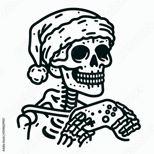  Skeleton wear santa hat Play Video games. Christmas Xmas Holiday Winter New Year Claus Clipart Line Art Vector Illustration. Bone figure sport cap enjoy digital gaming activity.