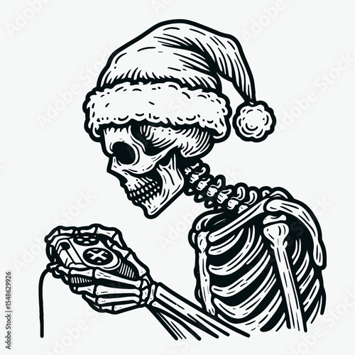  Skeleton wear santa hat Play Video games. Christmas Xmas Holiday Winter New Year Claus Clipart Line Art Vector Illustration. Bony figure don cap enjoy electronic gaming console activity.