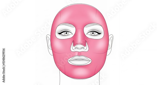 Illustration of a woman's face with a pink sheet mask for skincare, facial treatment, and beauty routine. Ideal for spa, wellness, and self-care concepts.