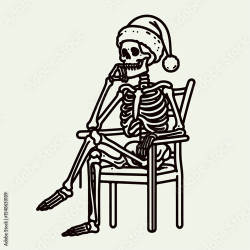  Skeleton wear santa hat sitting on a chair with legs crossed. Christmas Xmas Holiday Winter New Year Claus Clipart Line Art Vector Illustration. Bony figure don cap pose seat limb crossed.