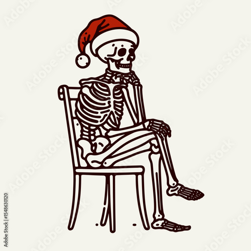  Skeleton wear santa hat sitting on a chair with legs crossed. Christmas Xmas Holiday Winter New Year Claus Clipart Line Art Vector Illustration. Bony figure dons headgear at rest upon seat.