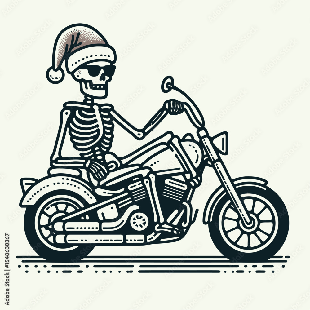 Obraz premium Skeleton wear santa hat sitting on a motorcycle wearing sunglasses. Christmas Xmas Holiday Winter New Year Claus Clipart Line Art Vector Illustration. Bony figure in festive headgear riding.