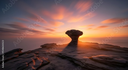Early sky glow bathing a perched shape in warm morning light
