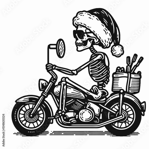  Skeleton wear santa hat sitting on a motorcycle wearing sunglasses. Christmas Xmas Holiday Winter New Year Claus Clipart Line Art Vector Illustration. Bony figure in festive headgear riding.