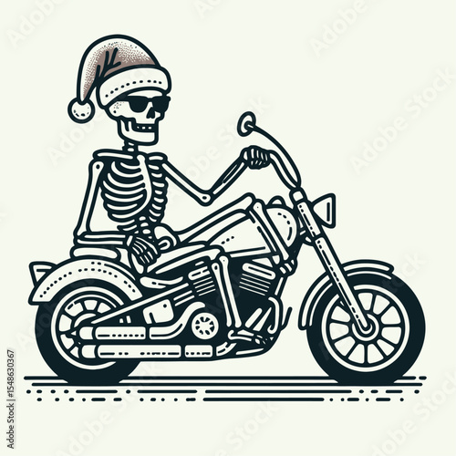 Skeleton wear santa hat sitting on a motorcycle wearing sunglasses. Christmas Xmas Holiday Winter New Year Claus Clipart Line Art Vector Illustration. Bony figure in festive headgear riding.