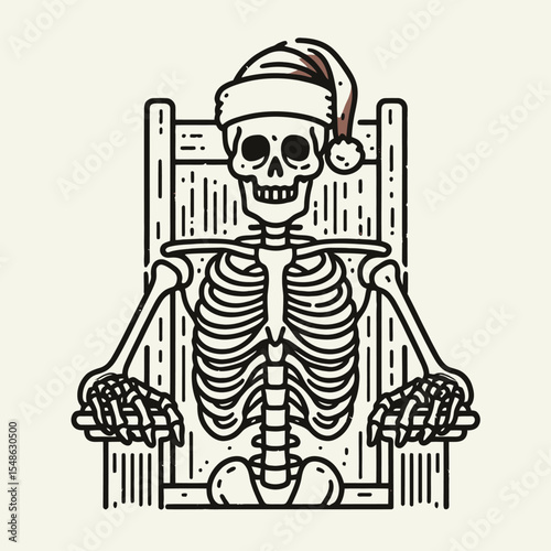  Skeleton wear santa hat sitting on a throne like king. Christmas Xmas Holiday Winter New Year Claus Clipart Line Art Vector Illustration. Bony figure in yuletide headgear seated as monarch.