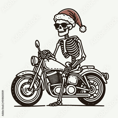 Skeleton wear santa hat sitting on a motorcycle wearing sunglasses. Christmas Xmas Holiday Winter New Year Claus Clipart Line Art Vector Illustration. Bony figure don headgear ride bike.