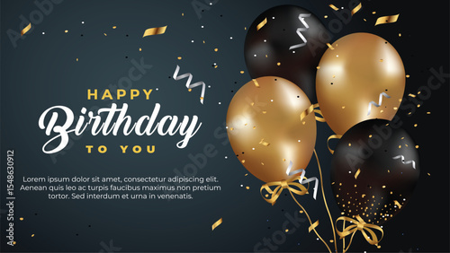 happy birthday greeting template with balloon, birthday flag and glitter