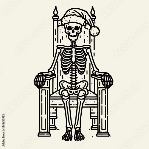Skeleton wear santa hat sitting on a throne like king. Christmas Xmas Holiday Winter New Year Claus Clipart Line Art Vector Illustration. Bony figure in yuletide headgear seated as monarch.