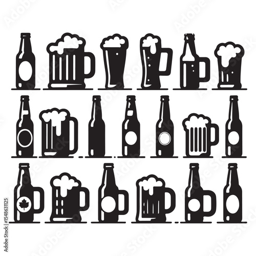 Minimal Black Beer Mugs and Bottles Vector Pack