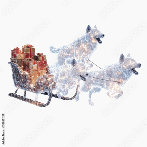 Luminous Wireframe Dogs Pulling a Christmas Sleigh Filled with Presents
