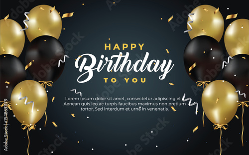 happy birthday greeting template with balloon, birthday flag and glitter
