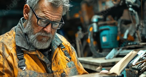 Wallpaper Mural Senior man in dirty overalls reads a book in a cluttered workshop. Torontodigital.ca