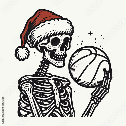  Skeleton wear santa hat spinning a basketball on one finger. Christmas Xmas Holiday Winter New Year Claus Clipart Line Art Vector Illustration. Bony figure in yuletide headwear rotating ball.