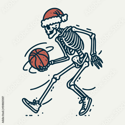 Skeleton wear santa hat spinning a basketball on one finger. Christmas Xmas Holiday Winter New Year Claus Clipart Line Art Vector Illustration. Bony figure in yuletide headwear rotating ball.