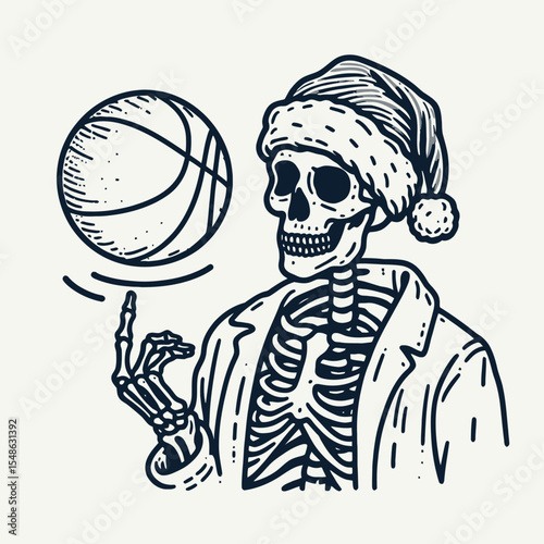  Skeleton wear santa hat spinning a basketball on one finger. Christmas Xmas Holiday Winter New Year Claus Clipart Line Art Vector Illustration. Bony figure in yuletide headgear turning.