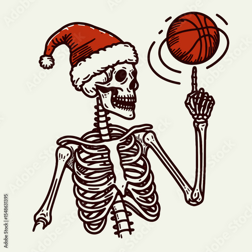 Skeleton wear santa hat spinning a basketball on one finger. Christmas Xmas Holiday Winter New Year Claus Clipart Line Art Vector Illustration. Bony figure in yuletide headgear turning.