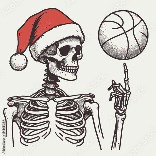  Skeleton wear santa hat spinning a basketball on one finger. Christmas Xmas Holiday Winter New Year Claus Clipart Line Art Vector Illustration. Bony figure don cap rotating ball digit.