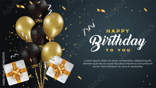 happy birthday greeting template with balloon, birthday flag and glitter
