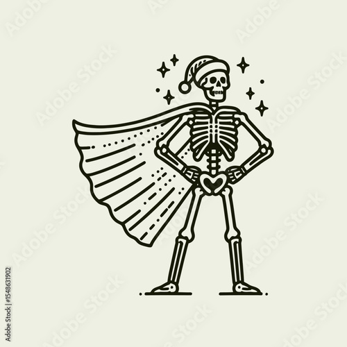 Skeleton wear santa hat striking a superhero pose with cape. Christmas Xmas Holiday Winter New Year Claus Clipart Line Art Vector Illustration. Bony figure in yuletide headgear acting.
