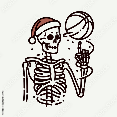 Skeleton wear santa hat spinning a basketball on one finger. Christmas Xmas Holiday Winter New Year Claus Clipart Line Art Vector Illustration. Bony figure don cap rotating ball digit.