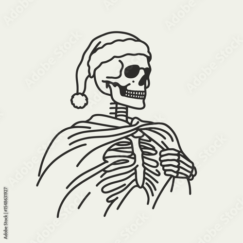  Skeleton wear santa hat striking a superhero pose with cape. Christmas Xmas Holiday Winter New Year Claus Clipart Line Art Vector Illustration. Bony figure dons headwear acting brave cloak.