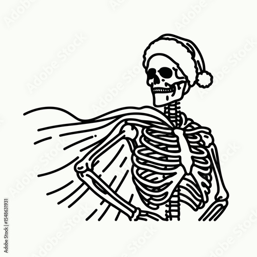  Skeleton wear santa hat striking a superhero pose with cape. Christmas Xmas Holiday Winter New Year Claus Clipart Line Art Vector Illustration. Bony figure cap in powerful hero stance.